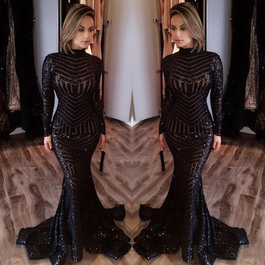 Sexy Black Mermaid High Neck Evening Gowns Long-Sleeves Sequined Prom Dress