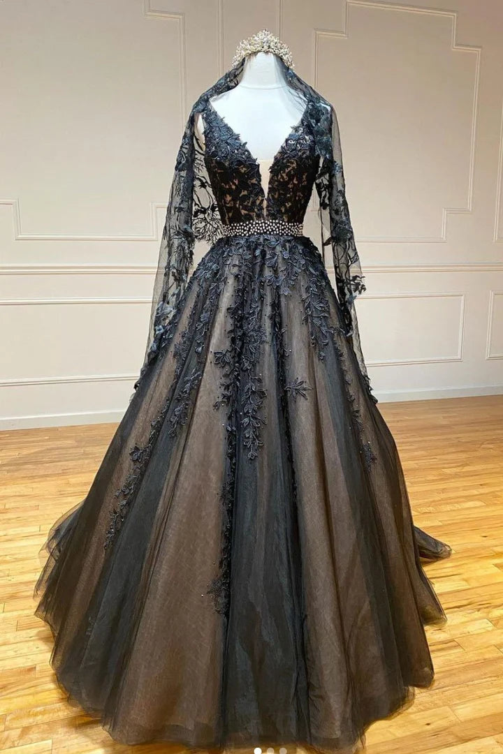 Sexy Sleeveless V Neck Lace Beading Black Long Prom Dresses