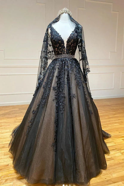 Sexy Sleeveless V Neck Lace Beading Black Long Prom Dresses