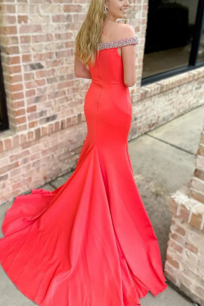 Mermaid Satin Long Off-Shoulder Formal Dress with Beads