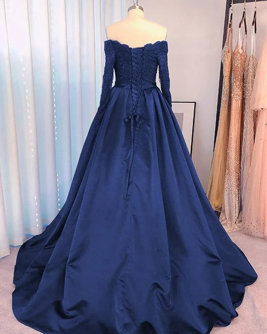 Navy Blue Satin Dresses Long Sleeves Plue Size Prom Dresses