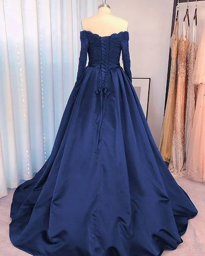 Navy Blue Satin Dresses Long Sleeves Plue Size Prom Dresses