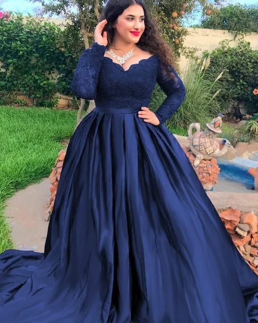 Navy Blue Satin Dresses Long Sleeves Plue Size Prom Dresses