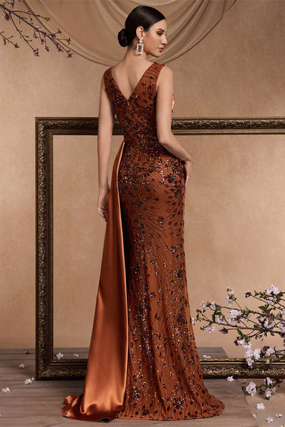 Sparkly Floral Brown Mermaid V-Neck Long Mother of the Bride Dress with Side Cape