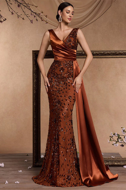 Sparkly Floral Brown Mermaid V-Neck Long Mother of the Bride Dress with Side Cape