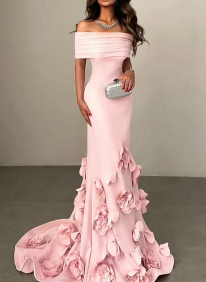 Flattering Off-The-Shoulder Flower Mermaid Sweep Train Elastic Satin Evening Dresses