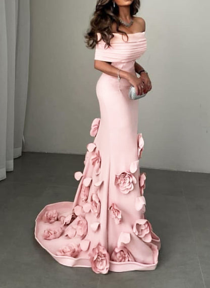 Flattering Off-The-Shoulder Flower Mermaid Sweep Train Elastic Satin Evening Dresses