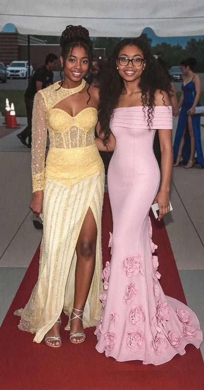 Flattering Off-The-Shoulder Flower Mermaid Sweep Train Elastic Satin Evening Dresses