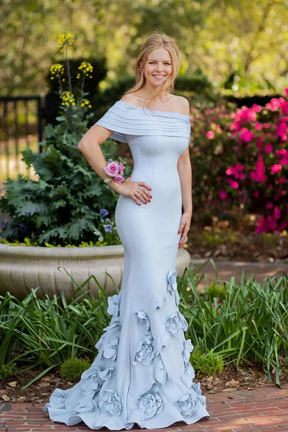 Flattering Off-The-Shoulder Flower Mermaid Sweep Train Elastic Satin Evening Dresses