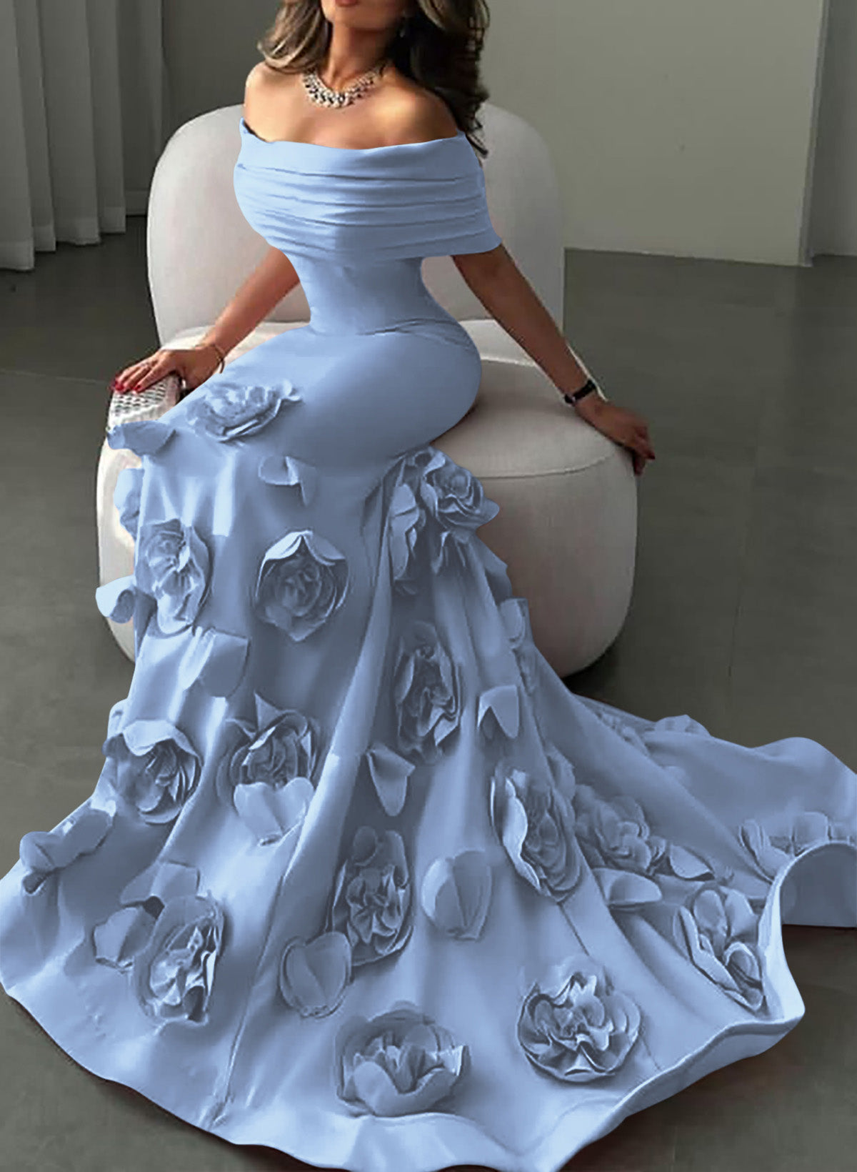 Flattering Off-The-Shoulder Flower Mermaid Sweep Train Elastic Satin Evening Dresses