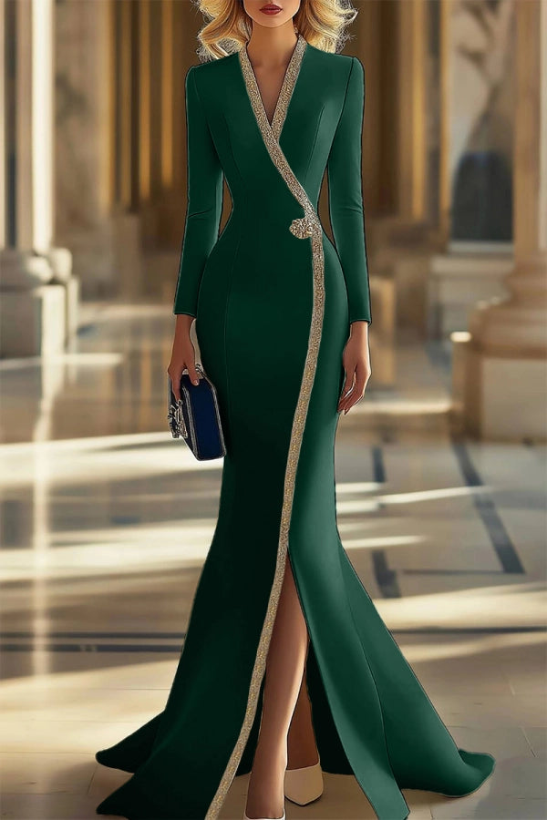 Formal Blazer Dress V Neck Long Sleeve Mermaid Slit Maxi Gown