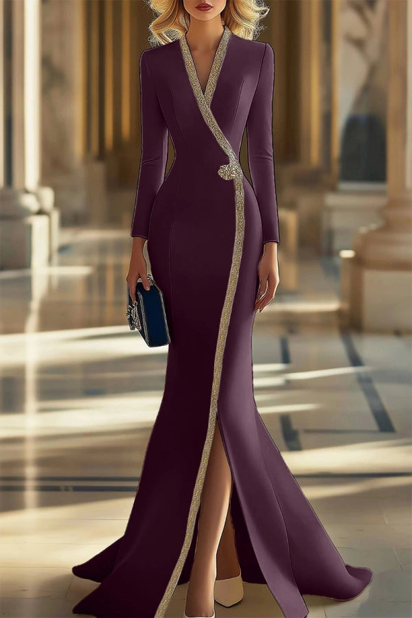 Formal Blazer Dress V Neck Long Sleeve Mermaid Slit Maxi Gown