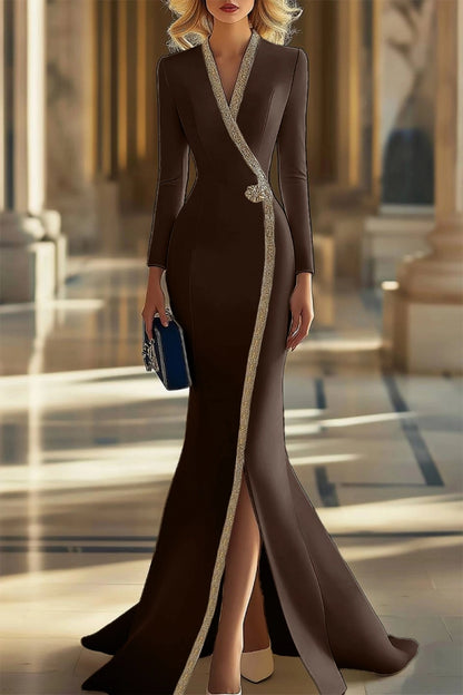 Formal Blazer Dress V Neck Long Sleeve Mermaid Slit Maxi Gown
