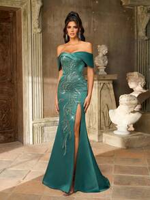 Elegant And Gorgeous Medium Dark Green Sequin Embroidery Stitching Luxurious Satin One-Shoulder Drop Sleeves Sexy Slit Fishtail Skirt With Train Suitable