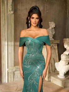 Elegant And Gorgeous Medium Dark Green Sequin Embroidery Stitching Luxurious Satin One-Shoulder Drop Sleeves Sexy Slit Fishtail Skirt With Train Suitable