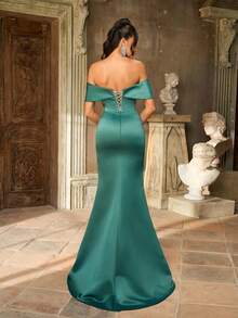 Elegant And Gorgeous Medium Dark Green Sequin Embroidery Stitching Luxurious Satin One-Shoulder Drop Sleeves Sexy Slit Fishtail Skirt With Train Suitable
