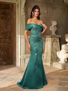 Elegant And Gorgeous Medium Dark Green Sequin Embroidery Stitching Luxurious Satin One-Shoulder Drop Sleeves Sexy Slit Fishtail Skirt With Train Suitable