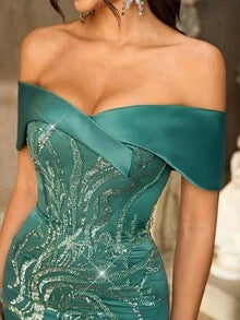 Elegant And Gorgeous Medium Dark Green Sequin Embroidery Stitching Luxurious Satin One-Shoulder Drop Sleeves Sexy Slit Fishtail Skirt With Train Suitable