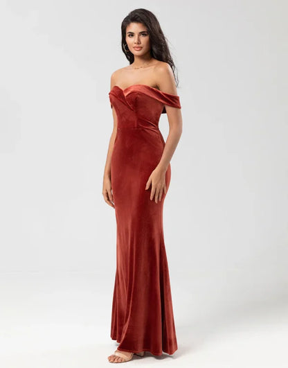 Bridesmaid Dress Mermaid Off the Shoulder Terracotta Velvet
