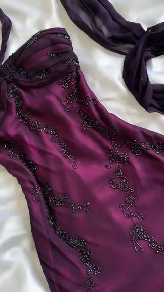 Purple exquisite elegant backless beaded long prom dress evening gown graduation dress