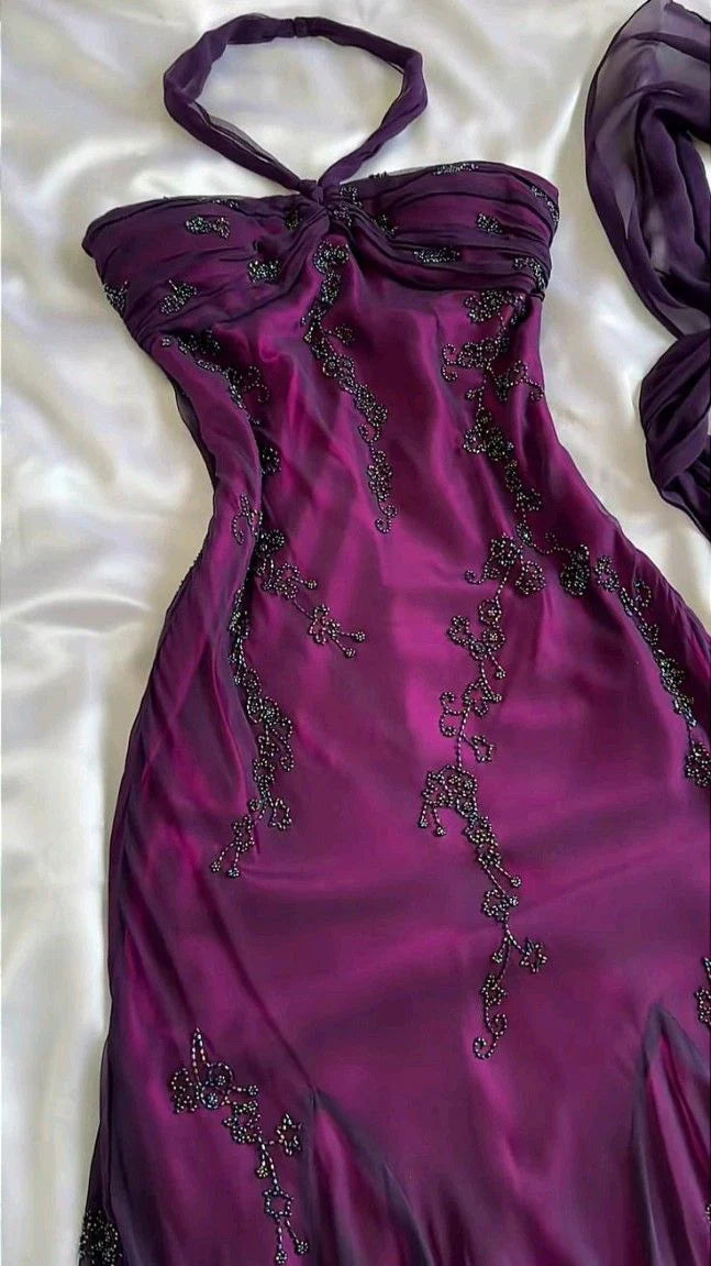 Purple exquisite elegant backless beaded long prom dress evening gown graduation dress