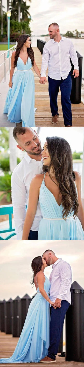 Sky Blue Chiffon Wedding Dress Spaghetti Straps V-neck Unique prom dress