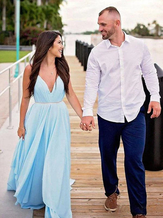 Sky Blue Chiffon Wedding Dress Spaghetti Straps V-neck Unique prom dress