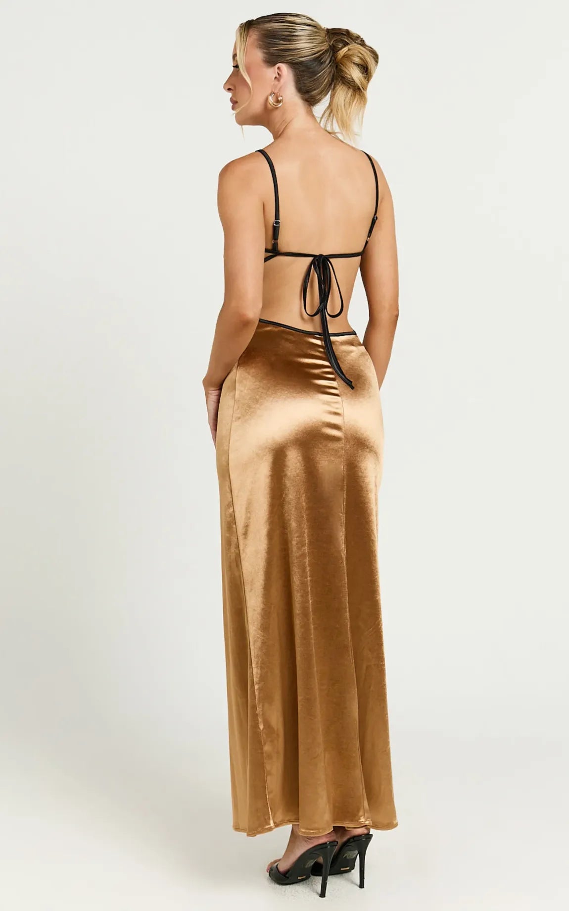 Midi Dress - Contrast Satin Slip Midi Dress in Gold & Black
