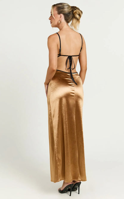 Midi Dress - Contrast Satin Slip Midi Dress in Gold & Black