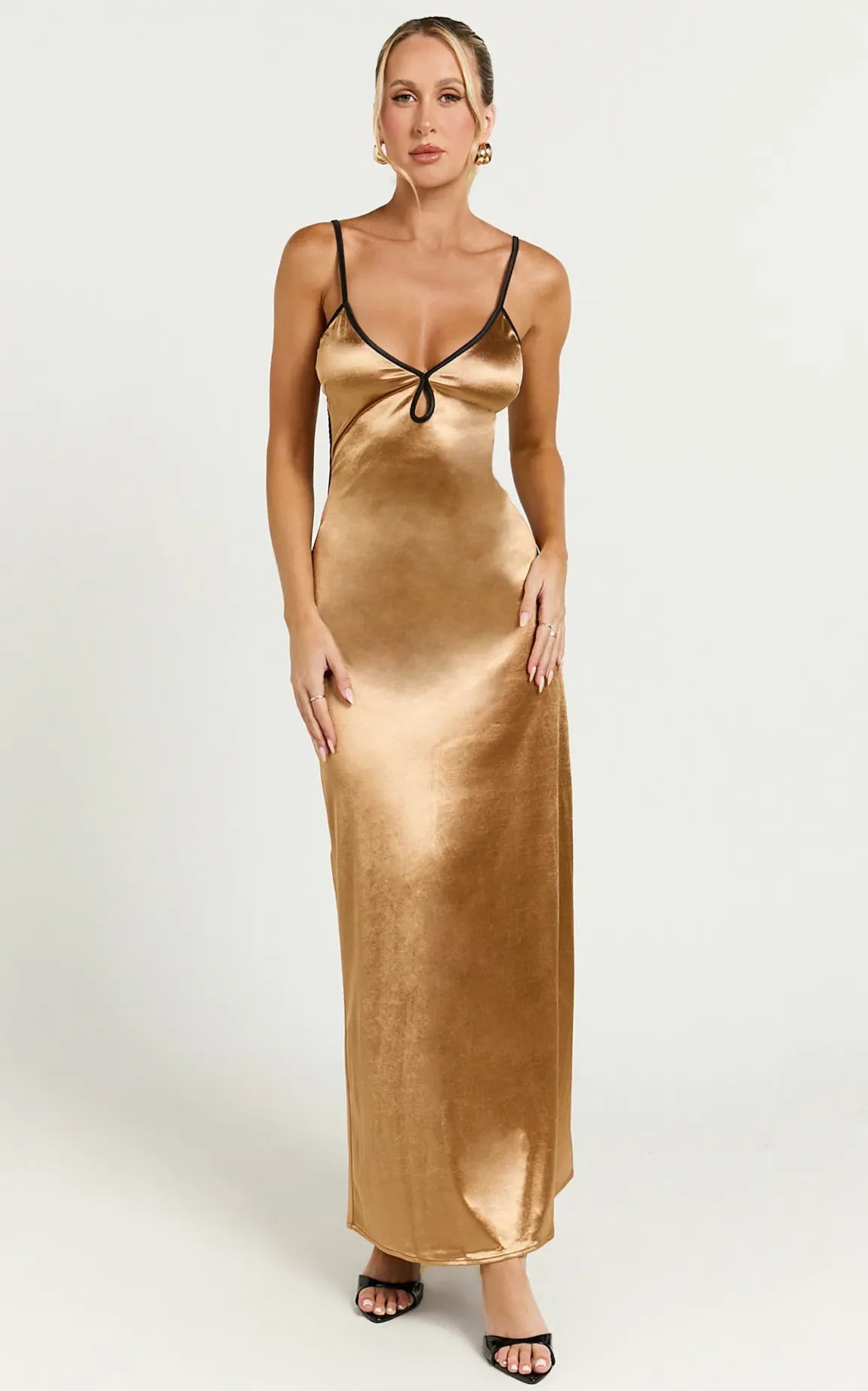 Midi Dress - Contrast Satin Slip Midi Dress in Gold & Black
