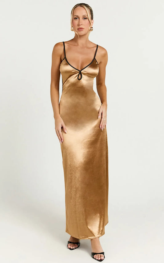 Midi Dress - Contrast Satin Slip Midi Dress in Gold & Black