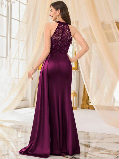 Halter Neck Sequin Floral Lace Contrast Satin Draped Side Split Thigh Evening Party Maxi Dress