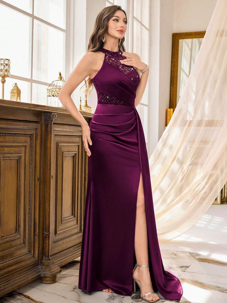 Halter Neck Sequin Floral Lace Contrast Satin Draped Side Split Thigh Evening Party Maxi Dress