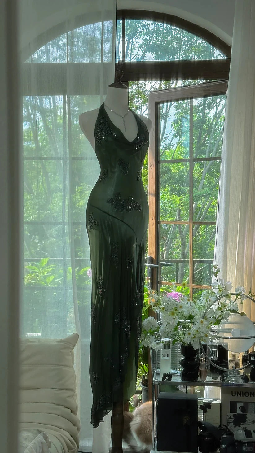 Vintage Green Halter Sheath Beaded Chiffon Long Prom Dresses Elegant Green Evening Gowns