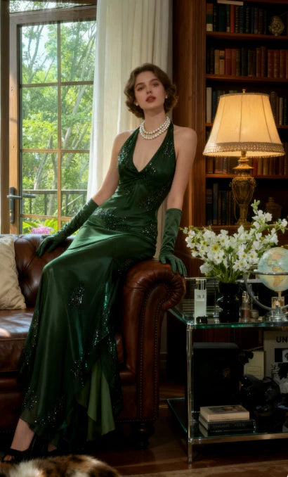 Vintage Green Halter Sheath Beaded Chiffon Long Prom Dresses Elegant Green Evening Gowns