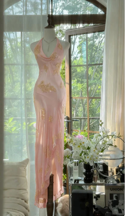 Vintage Green Halter Sheath Beaded Chiffon Long Prom Dresses Elegant Green Evening Gowns