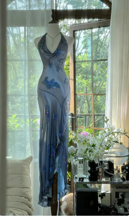 Vintage Green Halter Sheath Beaded Chiffon Long Prom Dresses Elegant Green Evening Gowns