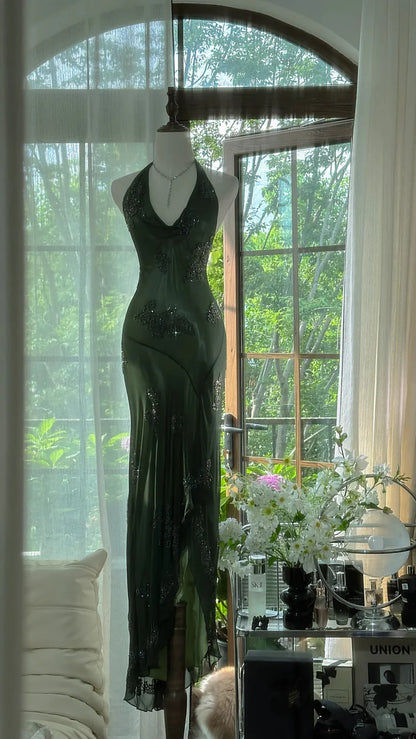 Vintage Green Halter Sheath Beaded Chiffon Long Prom Dresses Elegant Green Evening Gowns