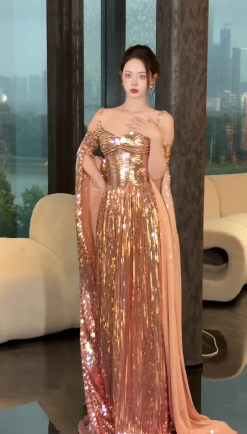 Sparkle Long Prom Dresses Metalic Sleeveless Evening Gowns