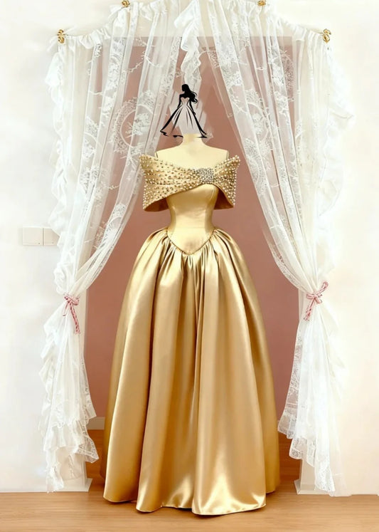 Elegant Sheath Gold Wedding Guest Dresses Satin Off-shoulder Gold Evening Dresses