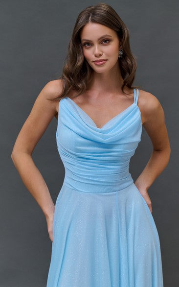 Chiffon Blue Spaghetti Cowl-neck Floor-length Dress