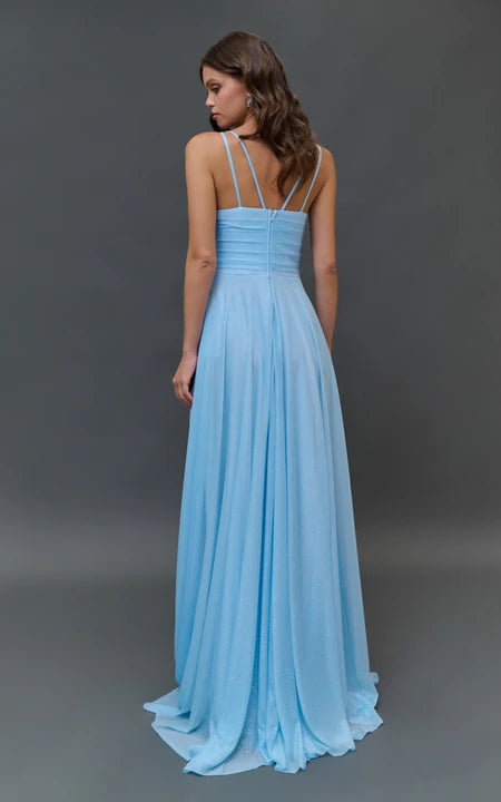 Chiffon Blue Spaghetti Cowl-neck Floor-length Dress