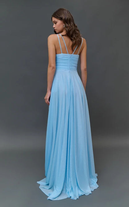 Chiffon Blue Spaghetti Cowl-neck Floor-length Dress