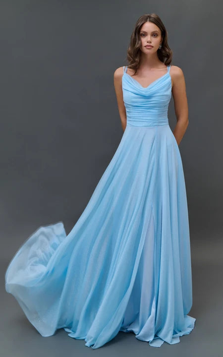 Chiffon Blue Spaghetti Cowl-neck Floor-length Dress