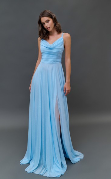 Chiffon Blue Spaghetti Cowl-neck Floor-length Dress