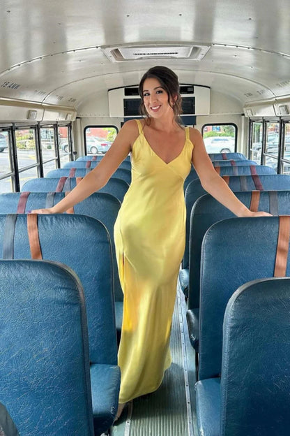 V-neck Yellow Satin Long Dress with Slit