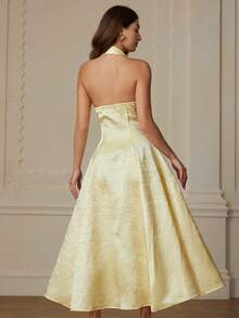 Elegant Satin Textured V-Neck Sleeveless Dress With Metal Buckle Accent, Flared Hem, Sophisticated Party Dress