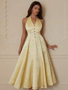 Elegant Satin Textured V-Neck Sleeveless Dress With Metal Buckle Accent, Flared Hem, Sophisticated Party Dress