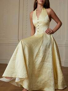 Elegant Satin Textured V-Neck Sleeveless Dress With Metal Buckle Accent, Flared Hem, Sophisticated Party Dress