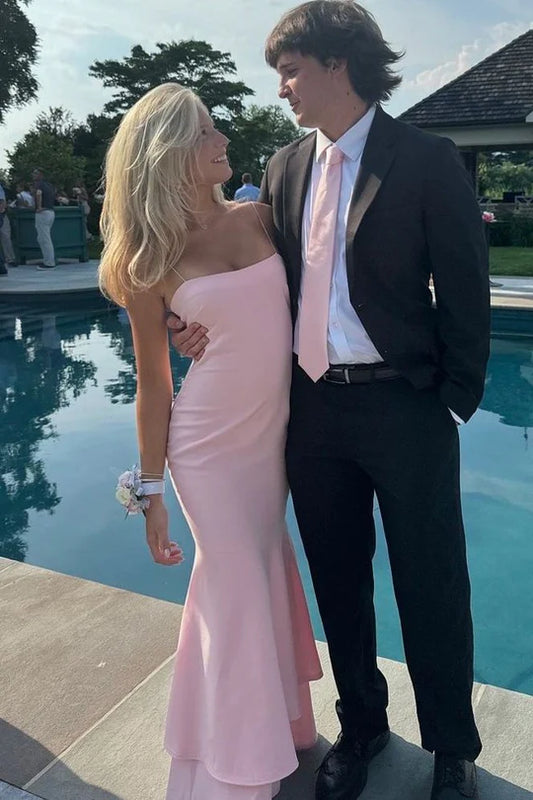 Pink Spaghetti Straps Satin Sleeveless Long Party Prom Dress